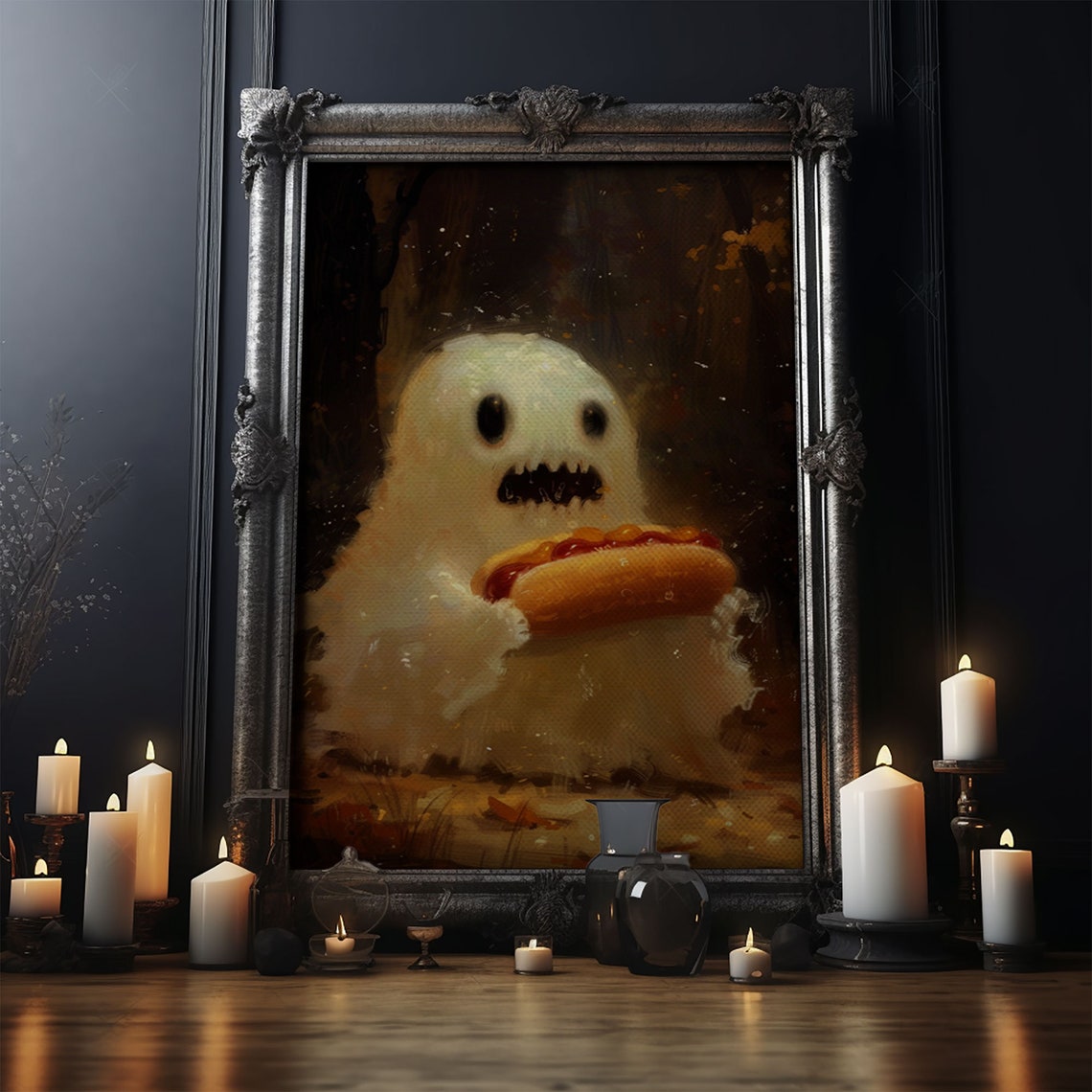 Cute Chubby Ghost Eating Hot Dog Autumn Forest Funny Art Poster - Image 4