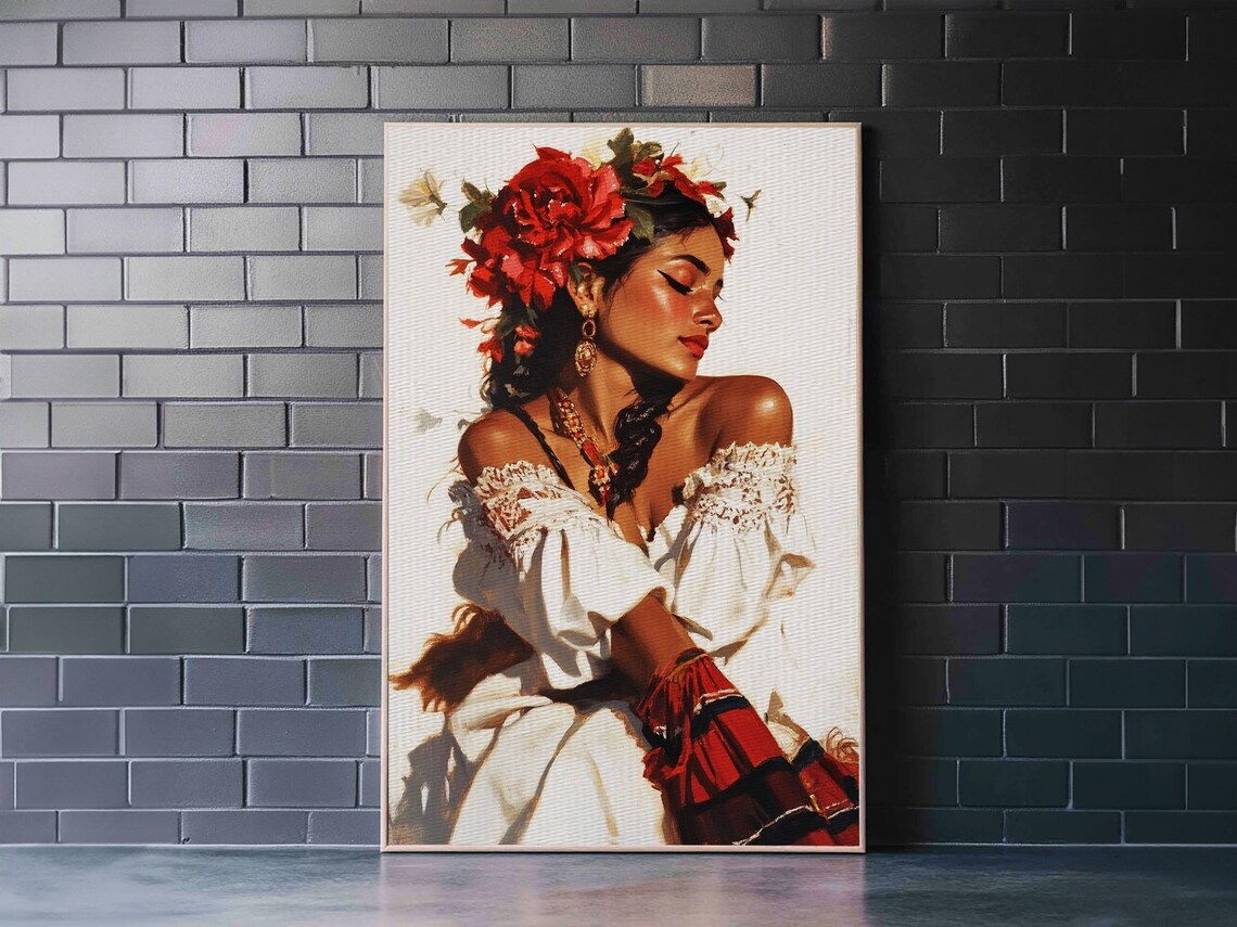 Mexican Floral Latina Portrait Art Print, Southwestern