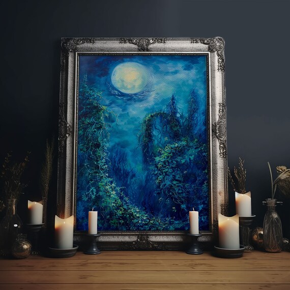 Moonlit Forest Path Blue Night Full Moon Romantic Art Poster