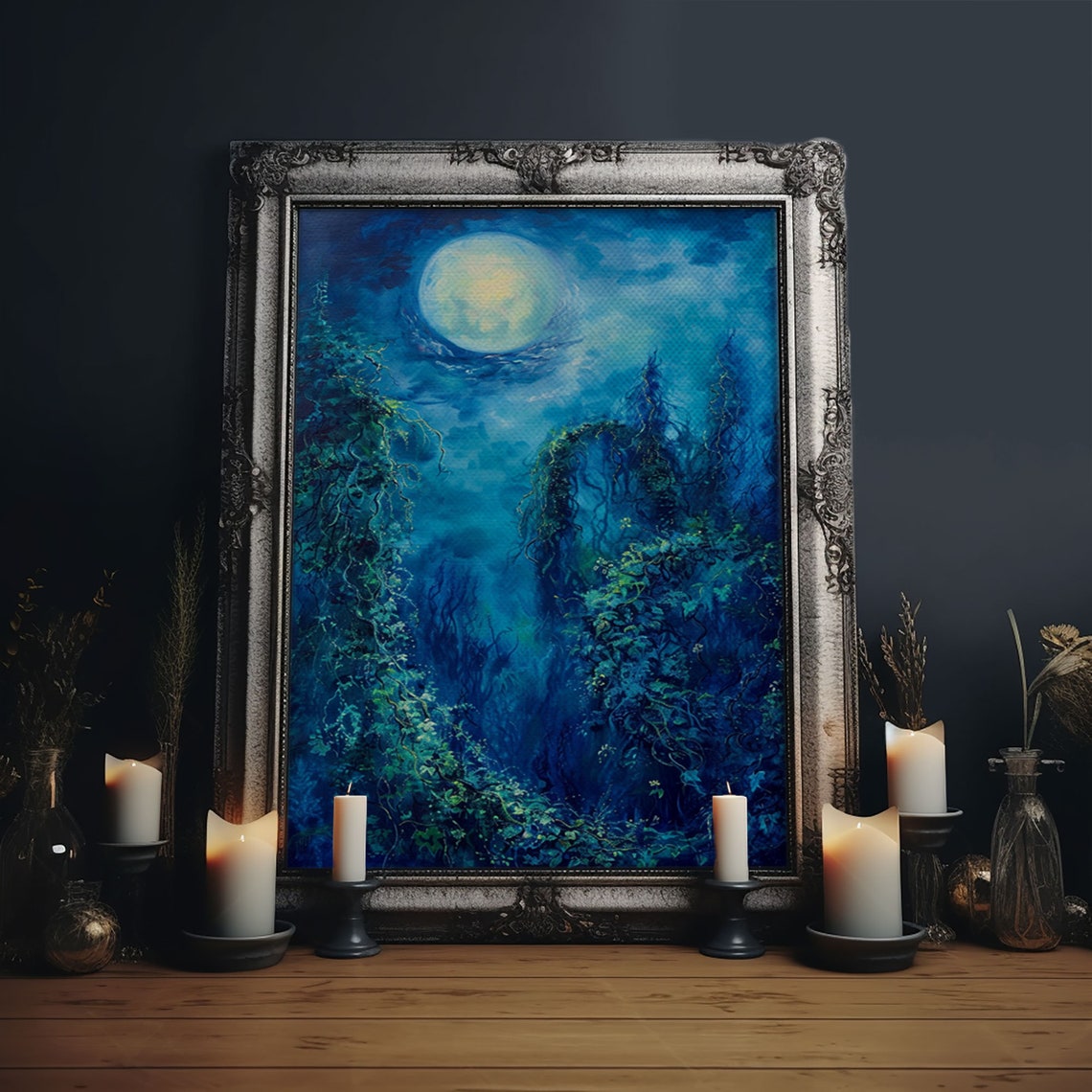 Moonlit Forest Path Blue Night Full Moon Romantic Art Poster