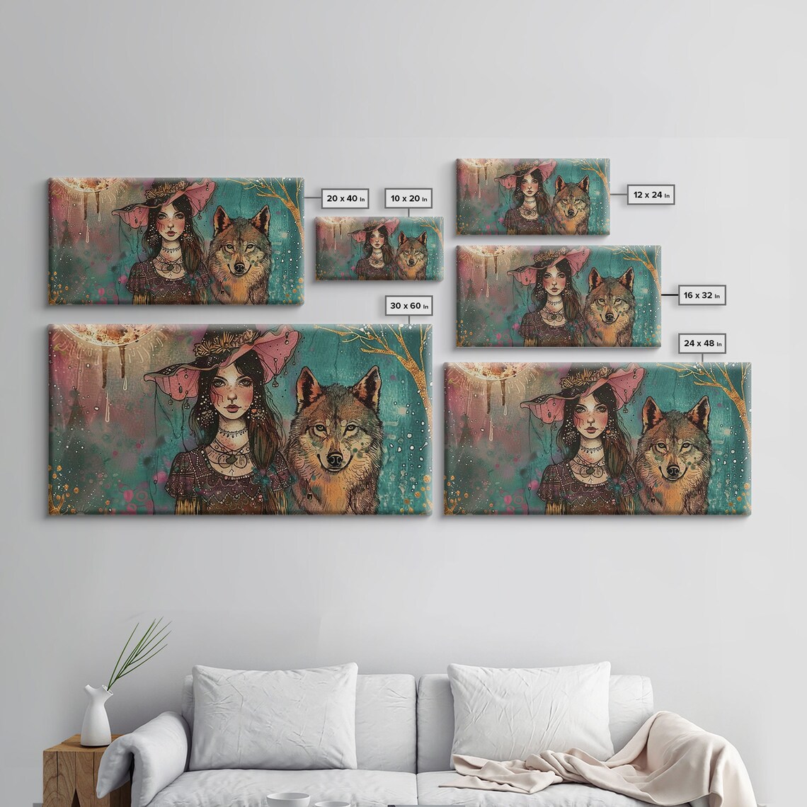 Witch And Wolf Familiar Portrait Gold Moon Dark Academia Halloween Wall Art - Image 2