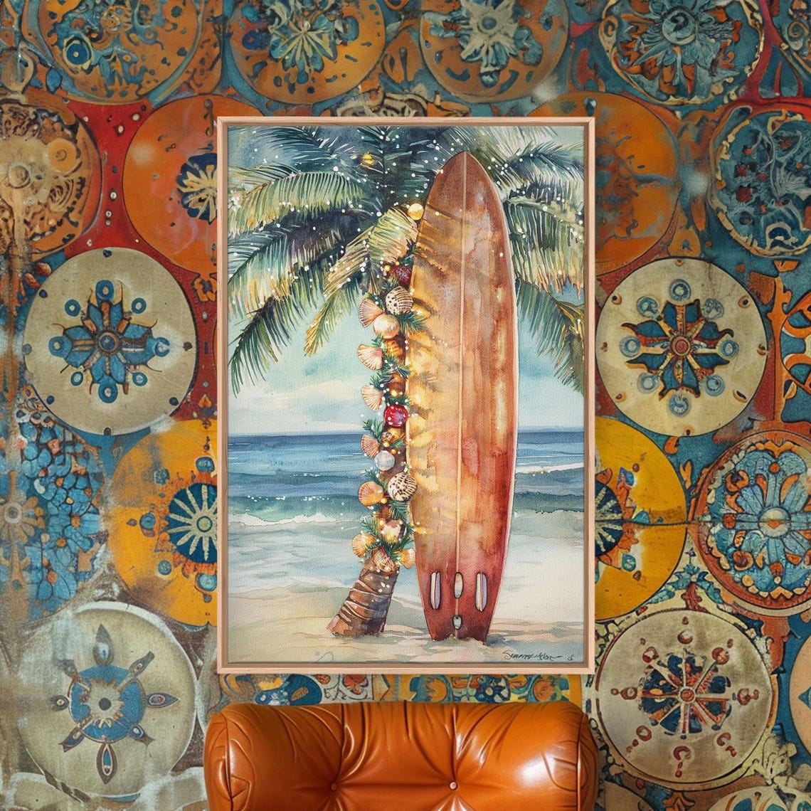 Christmas Surfboard With Garland And Seashells By Palm Tree Poster - Image 5