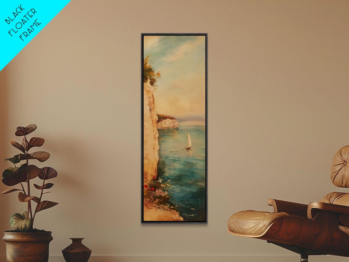 Sailboat By Tall Cliffs Sunset Bay Vintage Nautical Oil Poster - Image 3