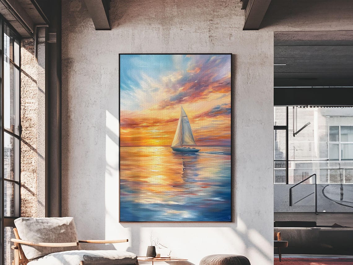 Sailboat At Sunset On Calm Ocean Vibrant Sky Nautical Wall Art Print - Image 5