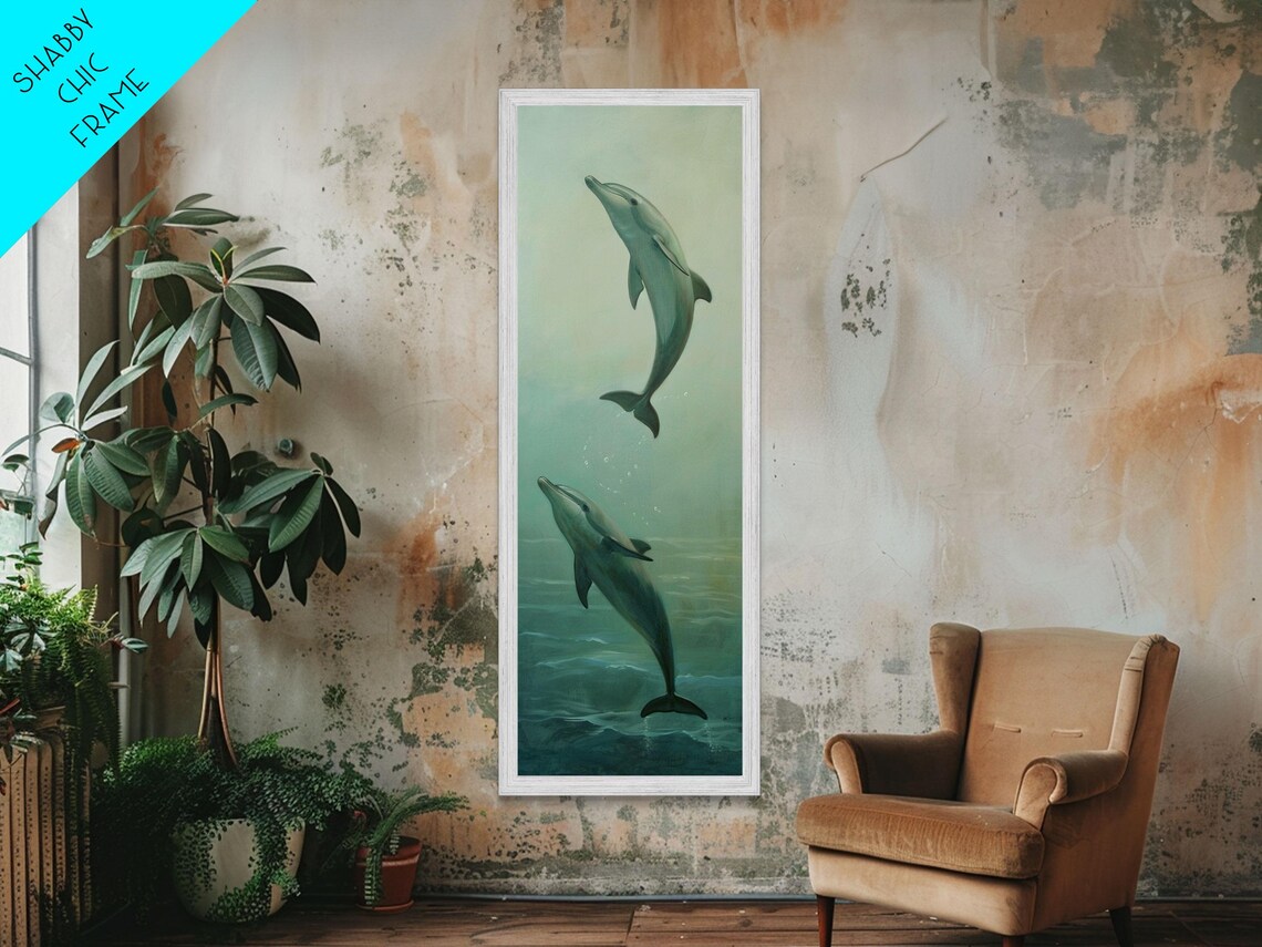 Two Dolphins Swimming Upward In Soft Green Ocean Water Serene Poster - Image 6