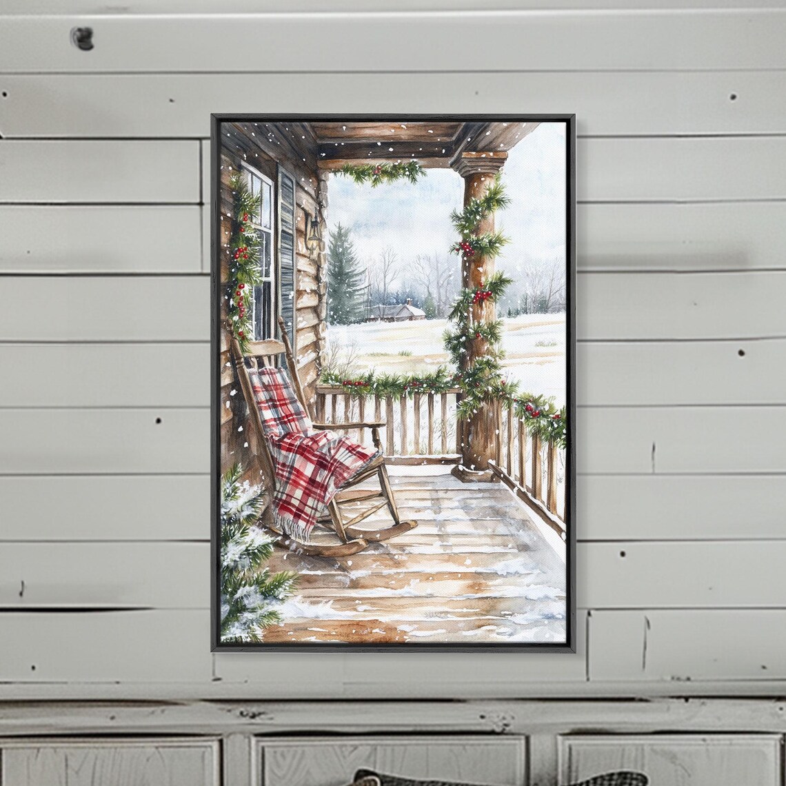 Snowy Farmhouse Porch Rocking Chair Christmas Garland Poster - Image 2