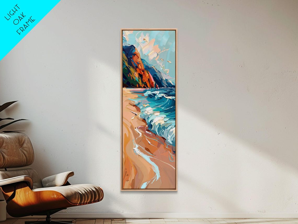 Orange Cliffs Beach Turquoise Waves Colorful Coastal Painting Poster - Image 2