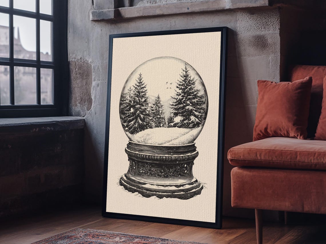 Vintage Snow Globe With Pine Trees Black Sketch Christmas Art Poster