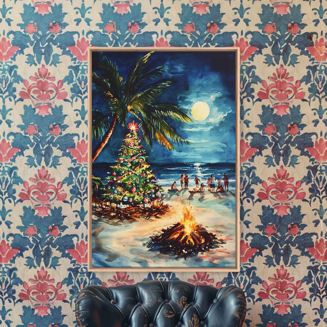 Tropical Beach Christmas Tree Bonfire At Night Ocean Waves Poster