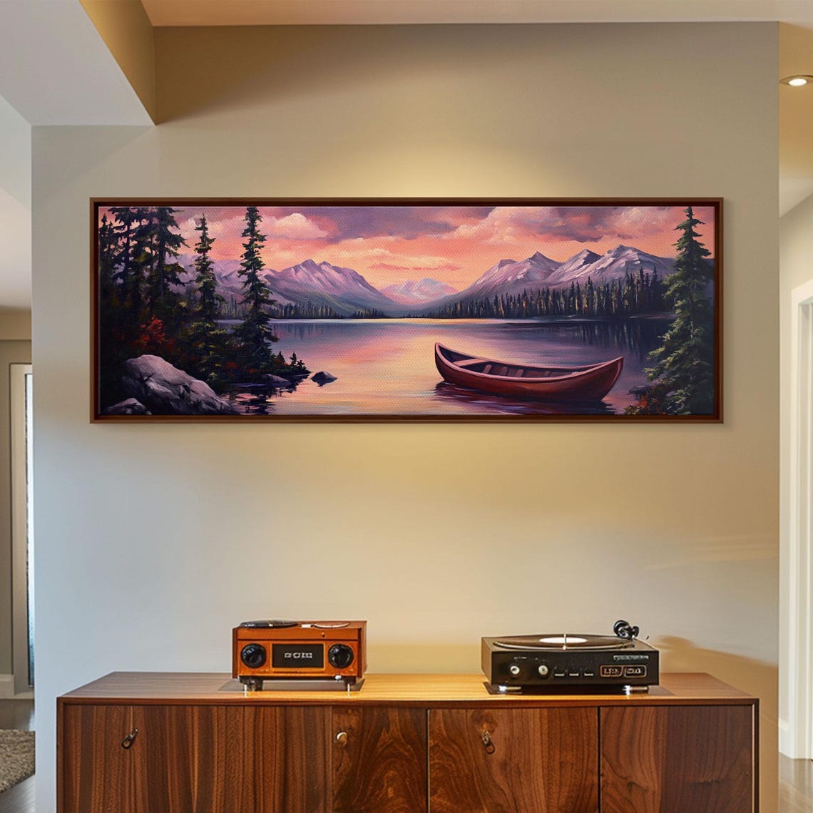 Pink Sunset Mountain Lake Red Canoe Pine Shore Landscape Poster - Image 5