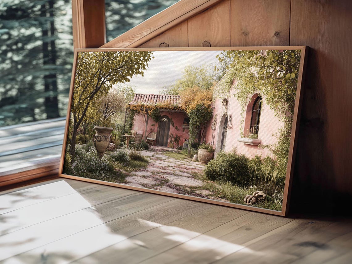 Mediterranean Pink Villa Courtyard Garden Stone Path Art Poster - Image 3