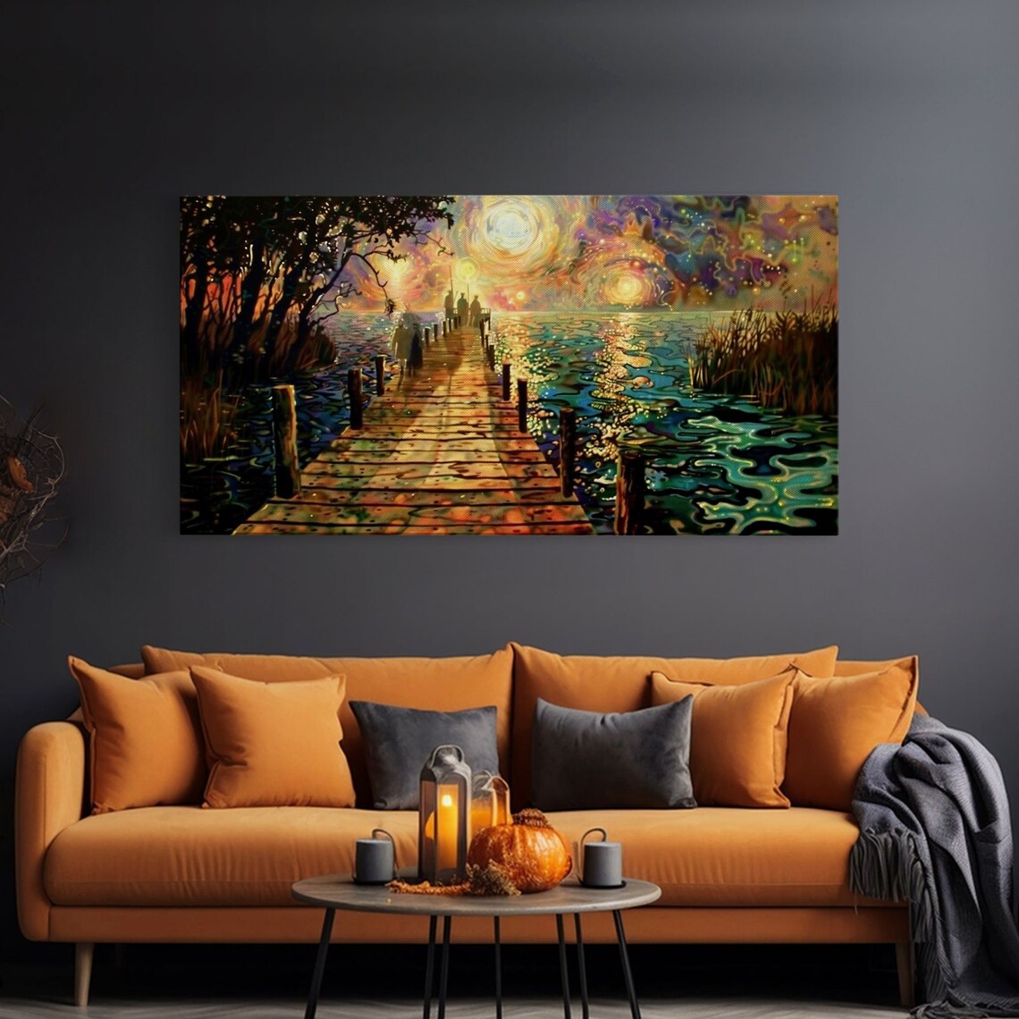 Starry Night Haunted Ghostly Docks Wooden Pier Moonlit Water Halloween Print - Image 3