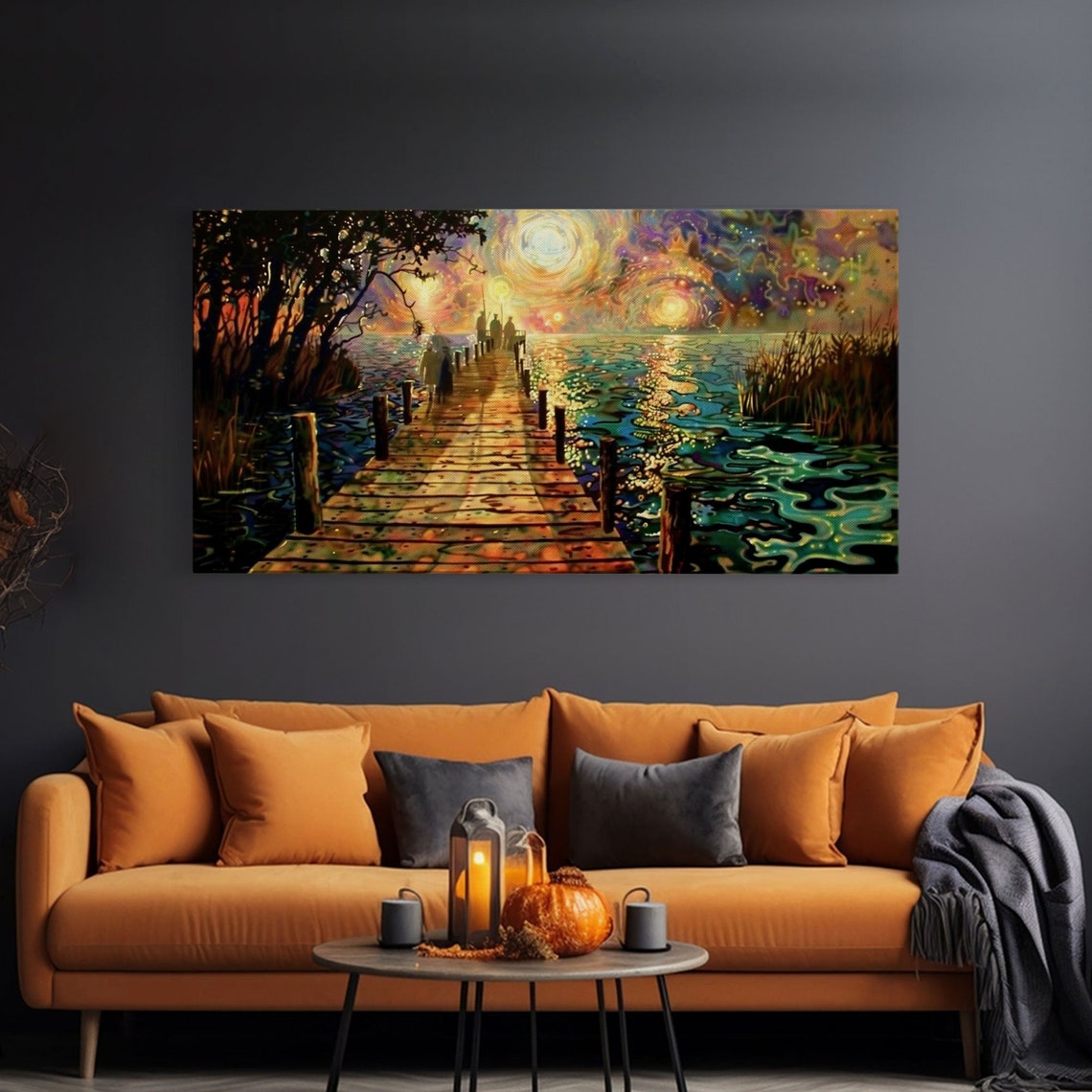 Starry Night Inspired Haunted Ghostly Docks At Night Framed Print Halloween Decor - Image 3