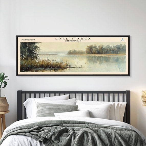 Lake Itasca Minneapolis Framed Print Lake House Decor Panoramic Wall Art Travel Poster Serene Lake Painting Nature Art