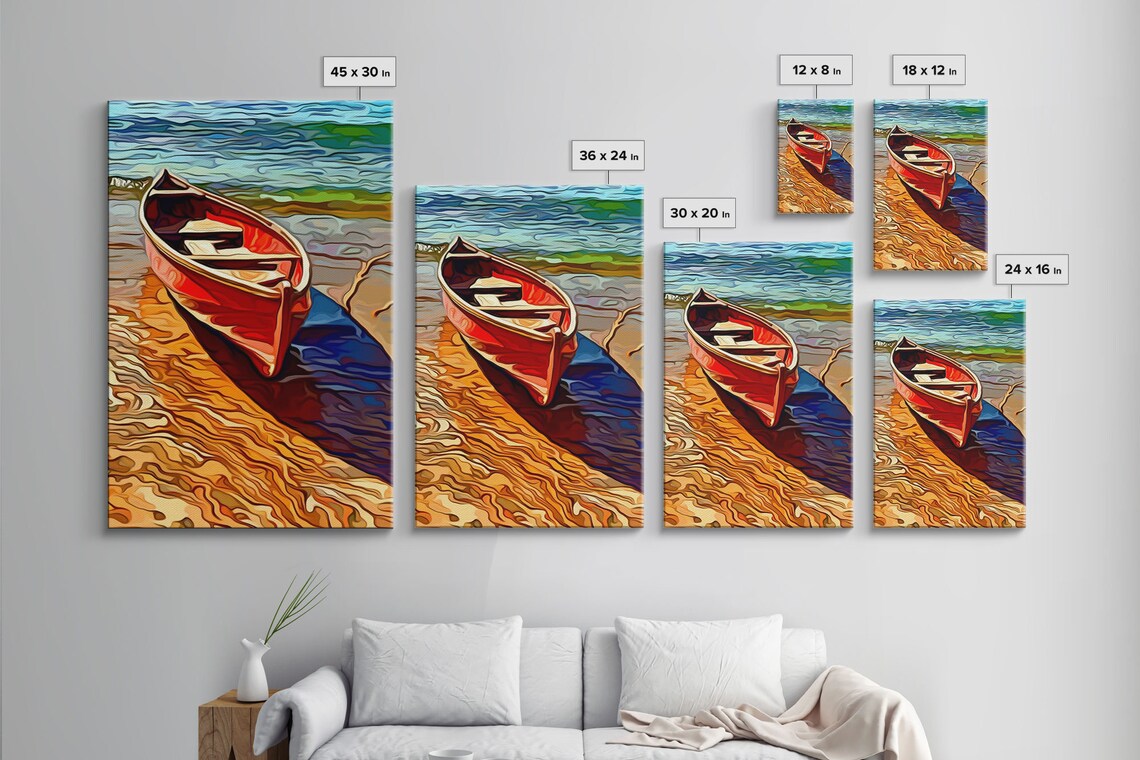 Abandoned Canoe On The Lake, Boho Oil Painting Art Print - Image 4
