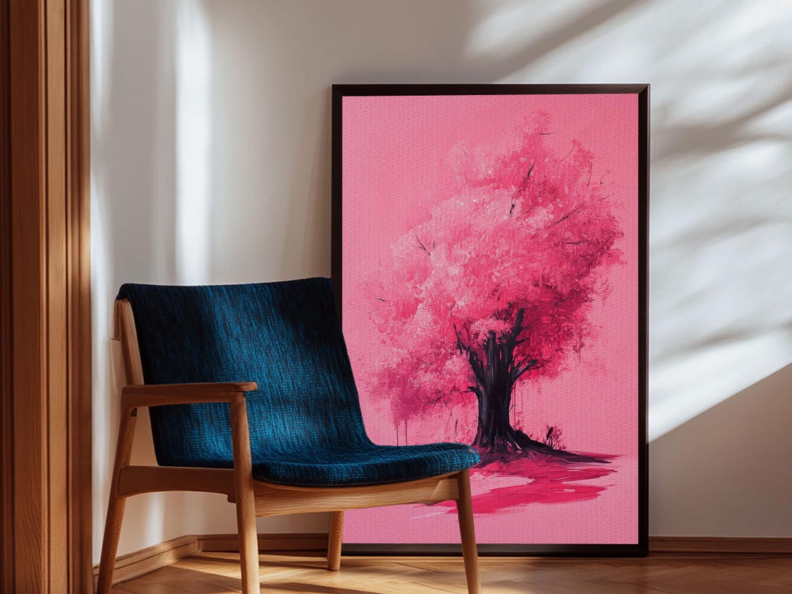 Bold Monochrome Pink Tree Silhouette Preppy Blossom Art Print - Image 6