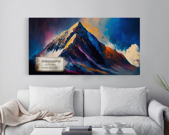 Apsarasas Kangri Wall Art Original Mountain Painting Print Travel Poster Mountain Landscape Wall Decor Abstract Mountain Art