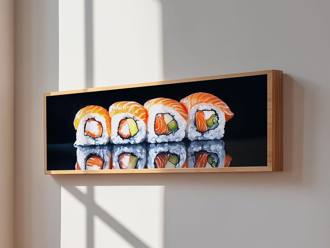 Salmon Sushi Rolls Row On Black Modern Kitchen Panoramic Art Poster - Image 3