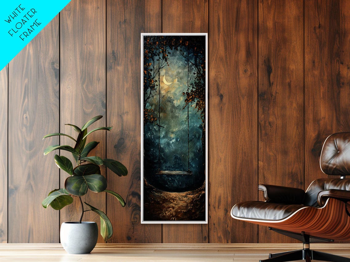Tree Swing At Midnight Framed Print Secret Garden Dark Academia Whimsical Minimalist Wall Art Night Time Under A Crescent Moon - Image 6