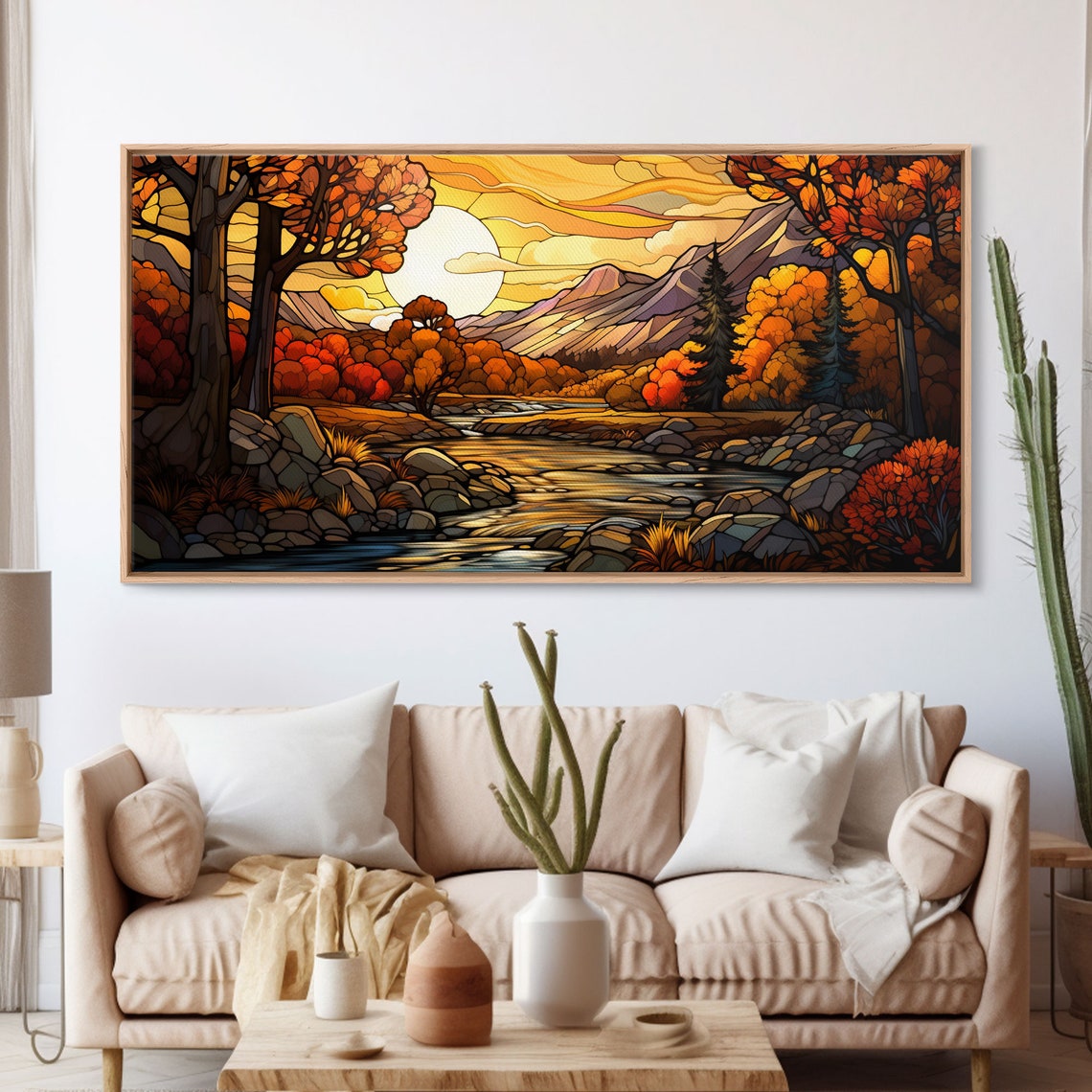 Stained Glass Autumn Mountain River Fall Trees Colorful Window Art - Image 3