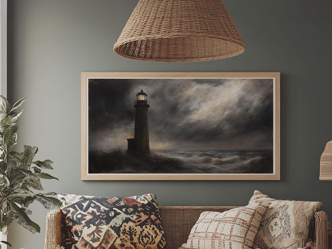 Dark Stormy Lighthouse Painting Moody Black Seas Night Ocean Wall Art Print - Image 3