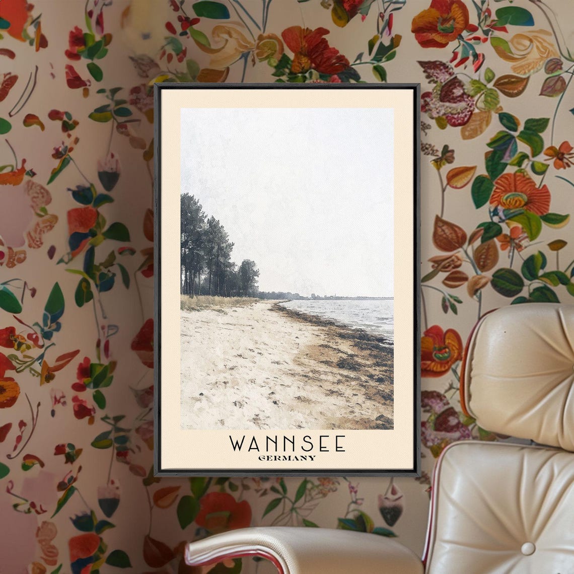 Wannsee Germany Lakeshore Pine Trees Sandy Beach Watercolor Poster