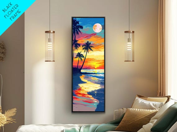 Vibrant Tropical Sunset Midcentury Modern Art Framed Print Boho Art Skinny Art Living Room Art Bedroom Decor Coastal Landscape