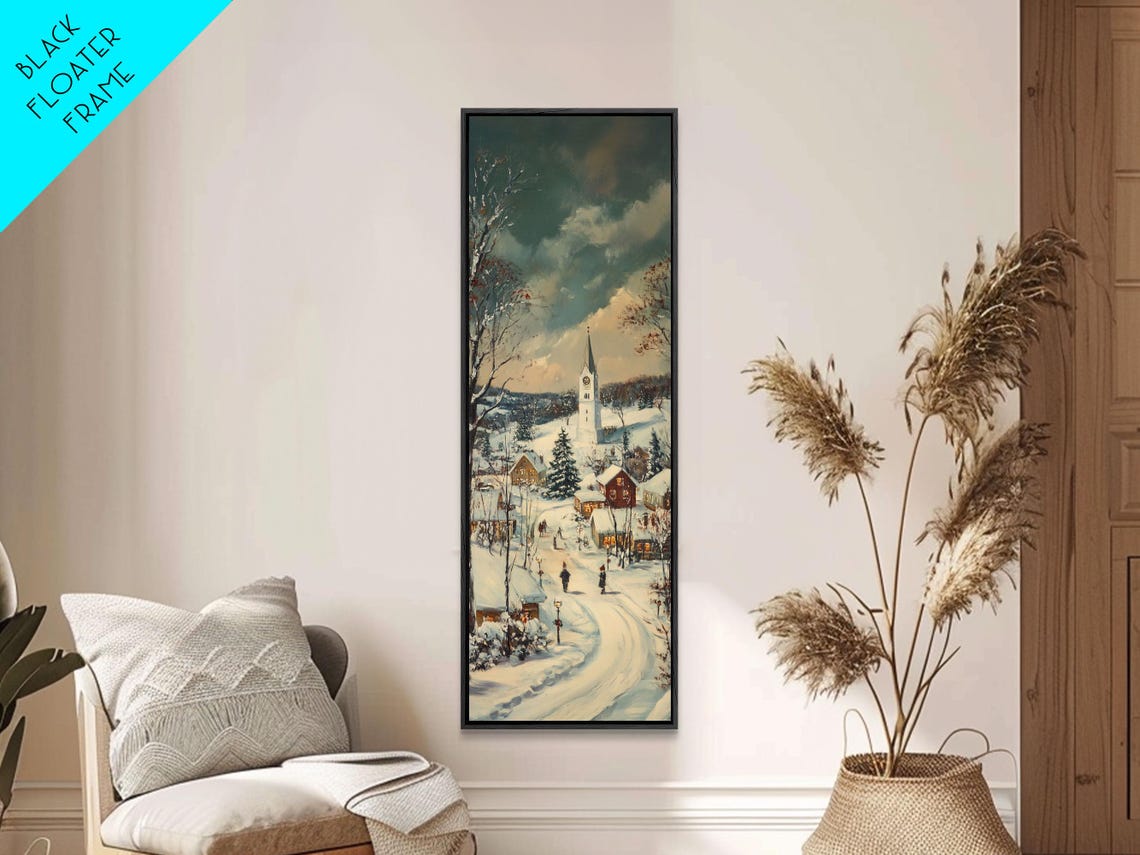 Christmas Village Painting Cheerful Holiday Scene Framed Print Vintage Winter Town Seasonal Wall Art Gift Snowy Village Decor