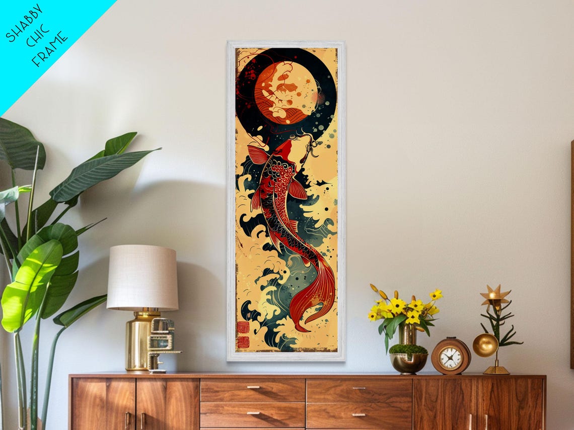 Vibrant Red Koi Fish Swimming Toward Moon Japanese Art Print - Image 2