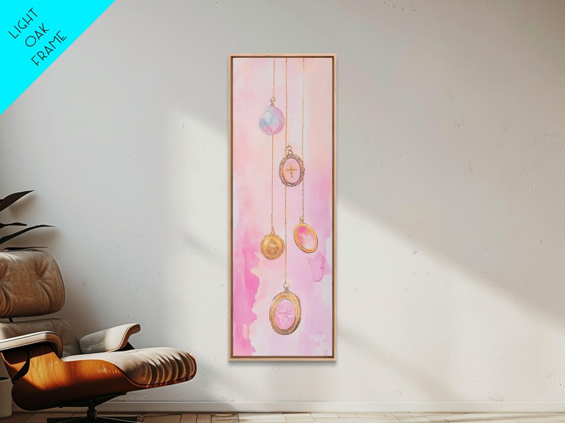 Pink Gemstone Pendant Necklaces Watercolor Gold Chains Vertical Art Poster - Image 6