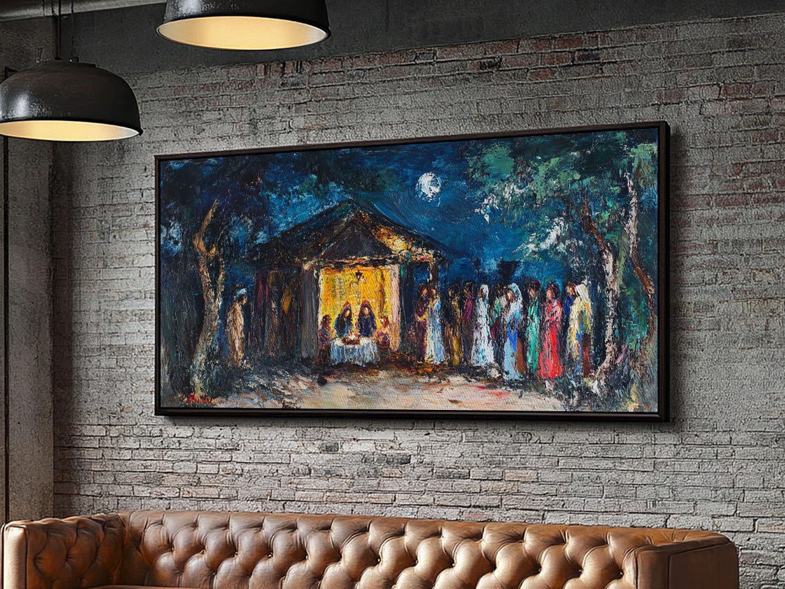Moonlit Nativity Stable Golden Glow Abstract Christmas Art Poster - Image 4