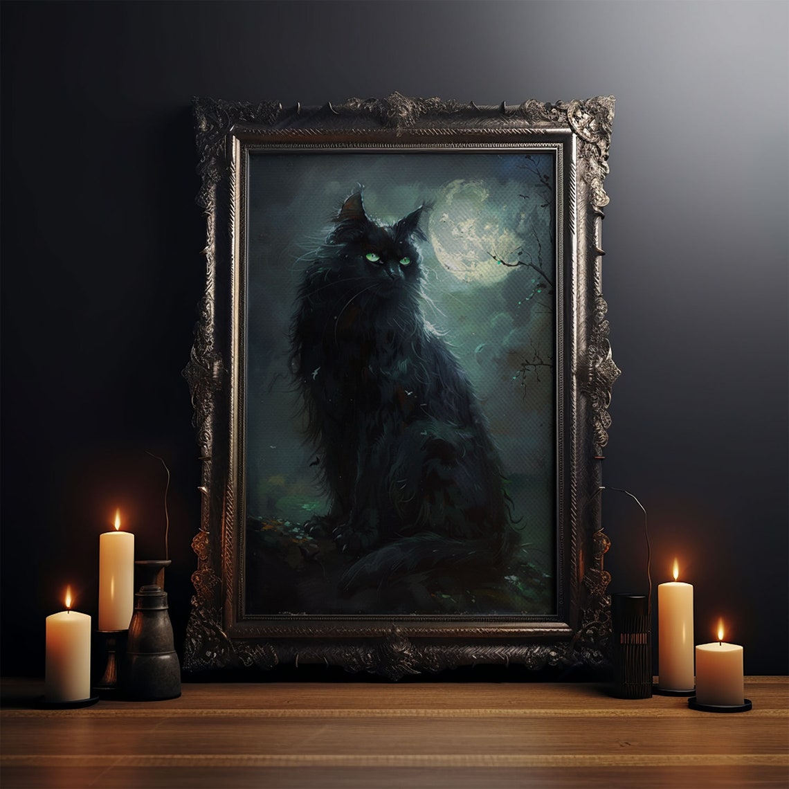 Sinister Black Cat With Glowing Green Eyes Under Full Moon Poster - Image 4