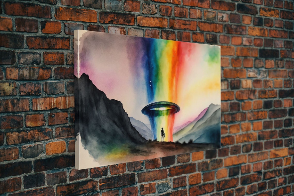 UFO Abduction Rainbow Beam Watercolor Flying Saucer Sci Fi Art Poster - Image 5