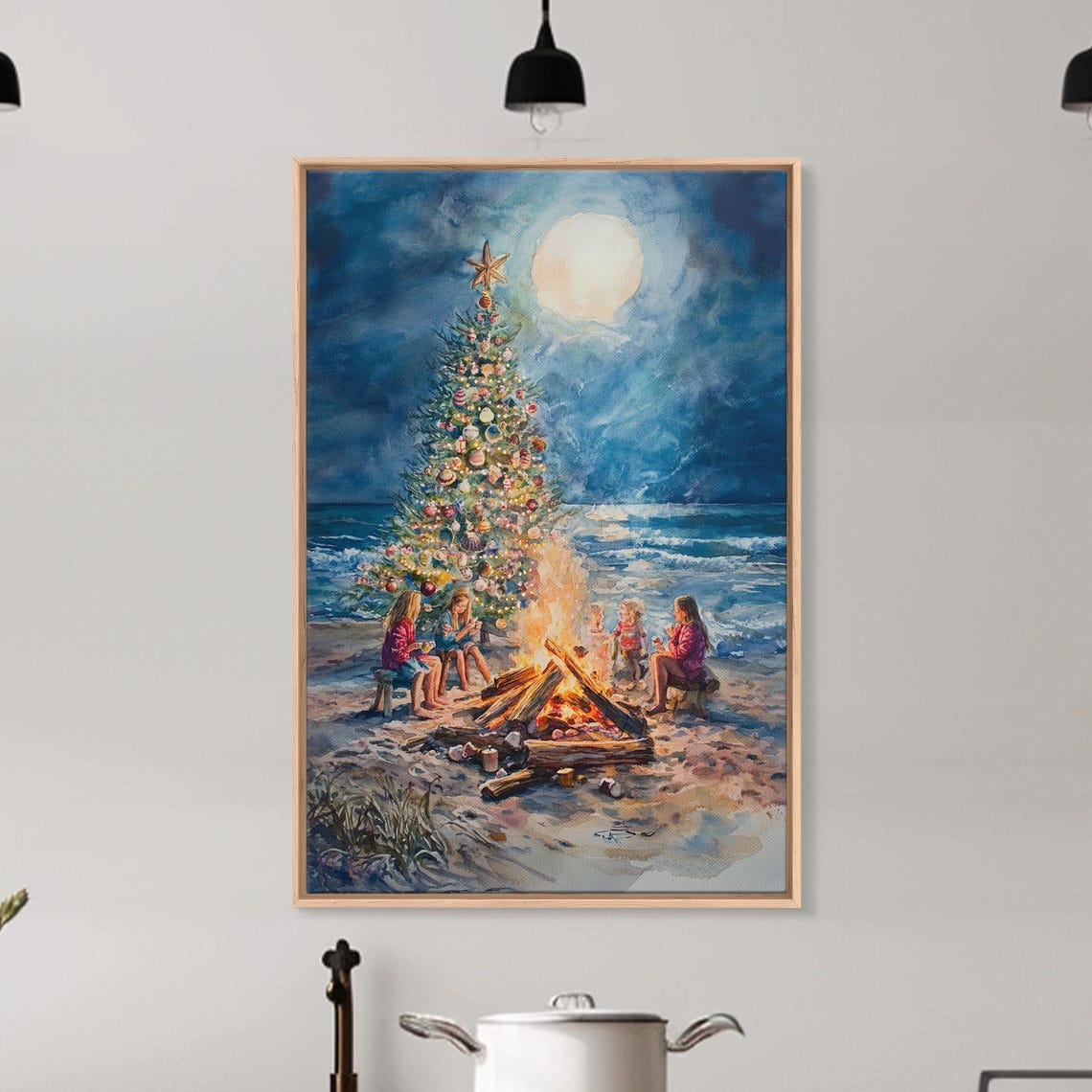 Family Beach Bonfire With Christmas Tree Under Moonlit Ocean Poster - Image 4