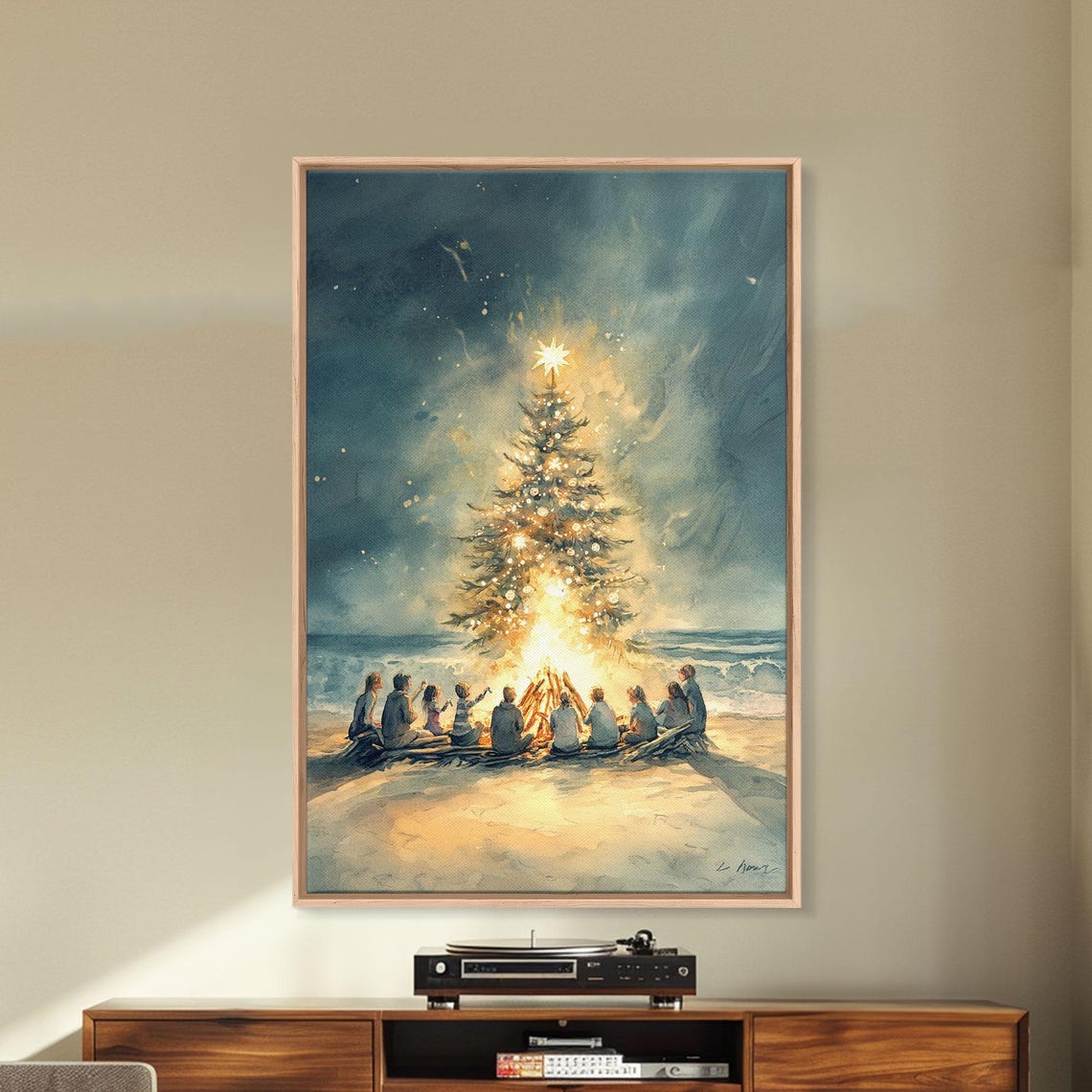 Christmas Beach Bonfire With Glowing Tree At Night Watercolor Poster - Image 3