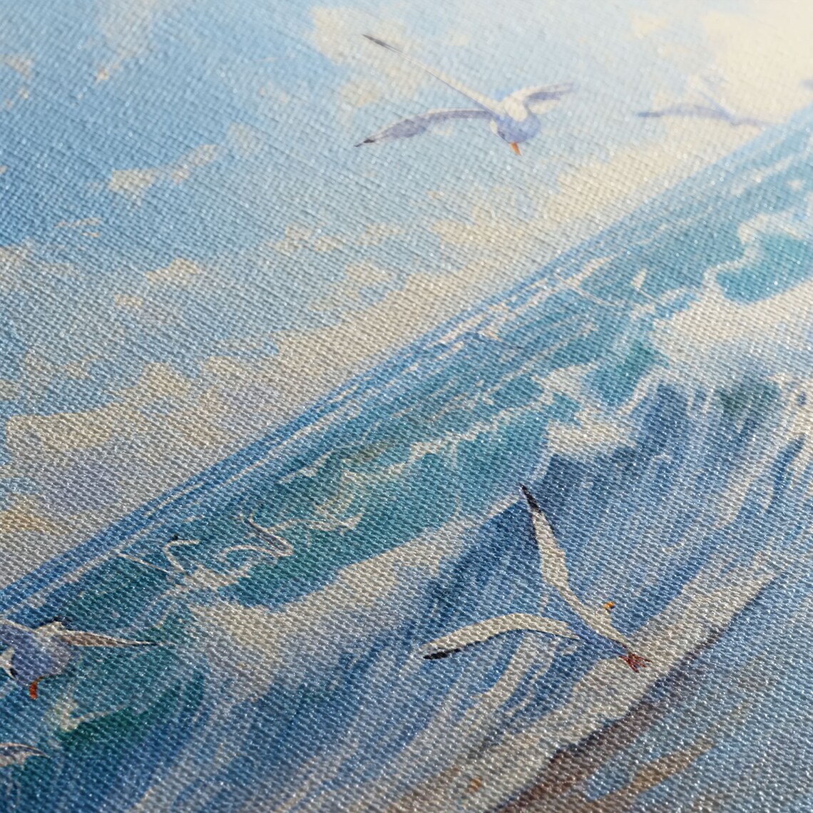 Blue Beach Ocean Waves and Seagulls Panoramic Art Print - Image 2