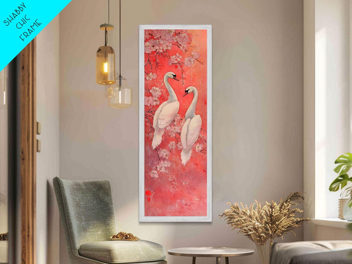 White Swans Cherry Blossoms Pink Watercolor Romantic Art Poster - Image 3