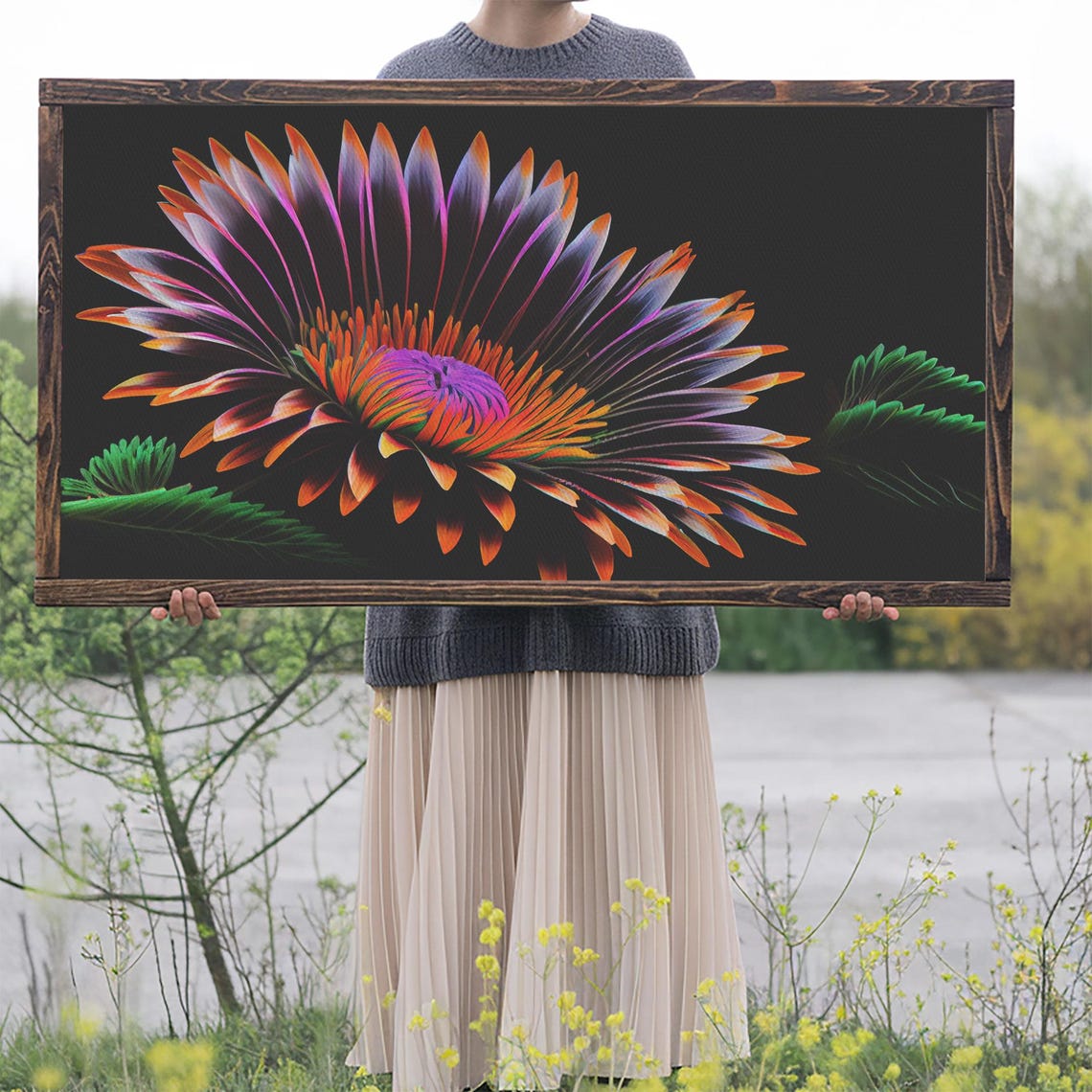 Neon Flower Blooming Dark Background Vibrant Botanical Art Wall Art - Image 2
