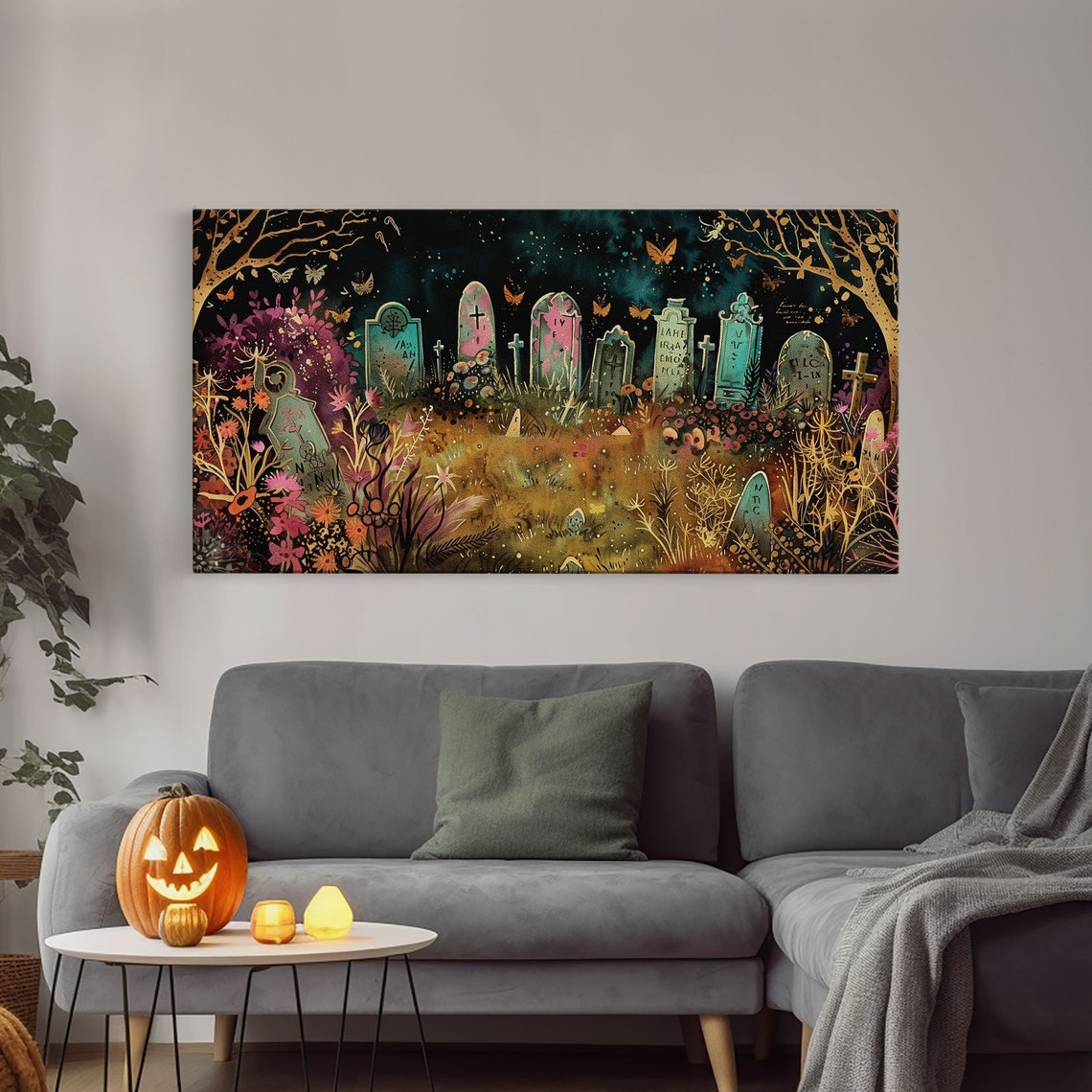 Colorful Spring Graveyard With Flowers Spooky Season Art Print - Image 4