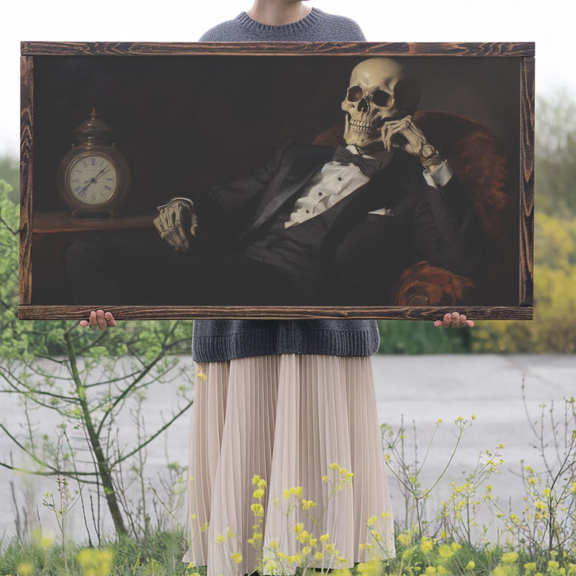Dapper Skeleton Gentleman In Tuxedo With Antique Clock Dark Poster - Image 2