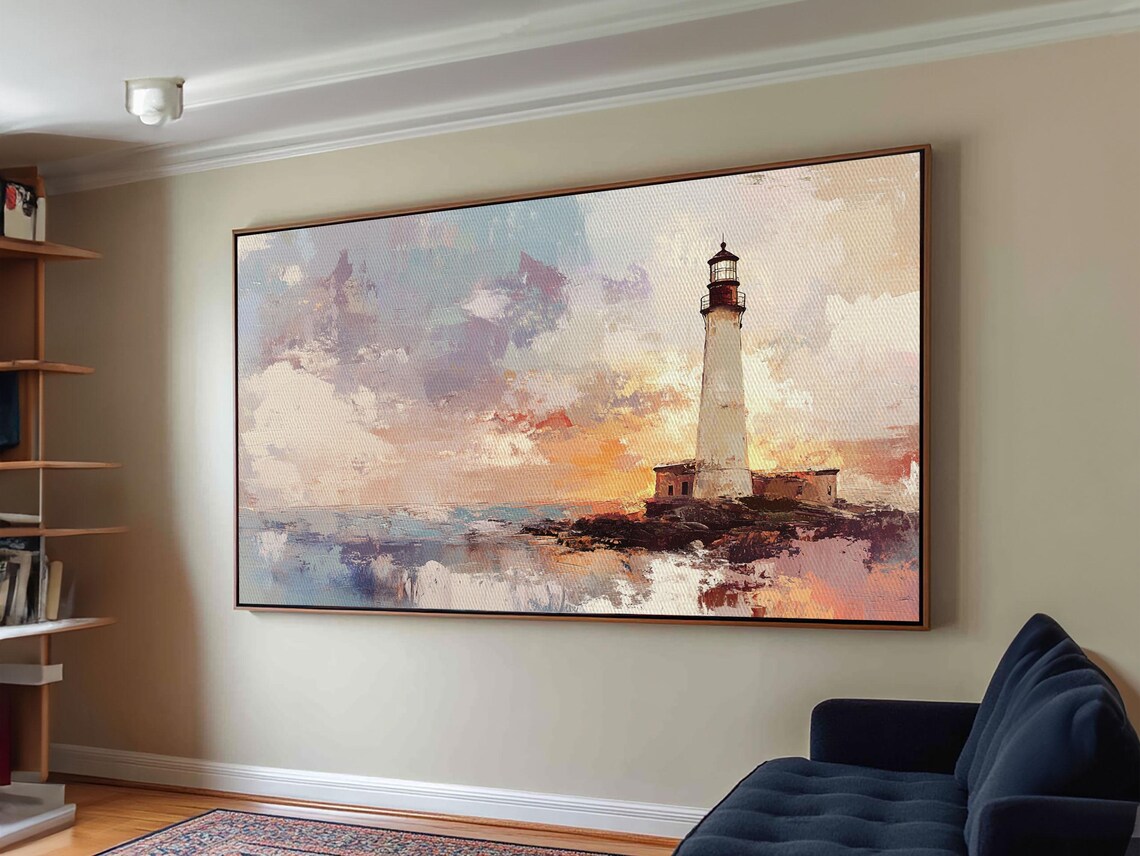 Lighthouse at Sunset Oil Painting Tall White Tower Rocky Shore Art Print - Image 6