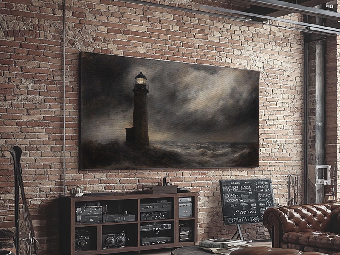 Dark Stormy Lighthouse Painting Moody Black Seas Night Ocean Wall Art Print - Image 6