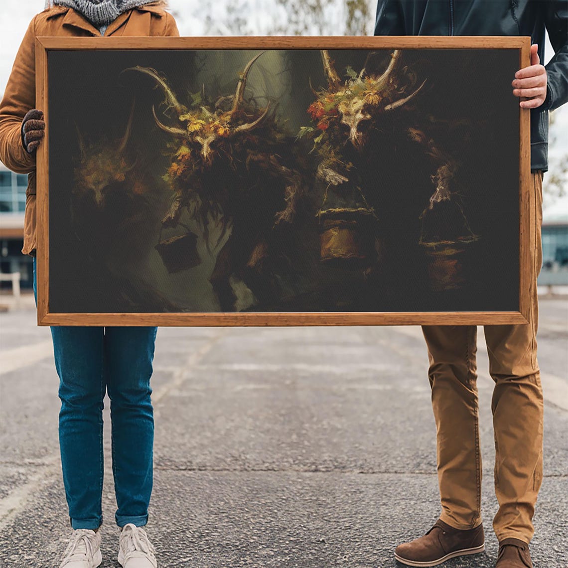 Horned Wendigo Creatures With Flowered Skulls Dark Forest Poster - Image 3