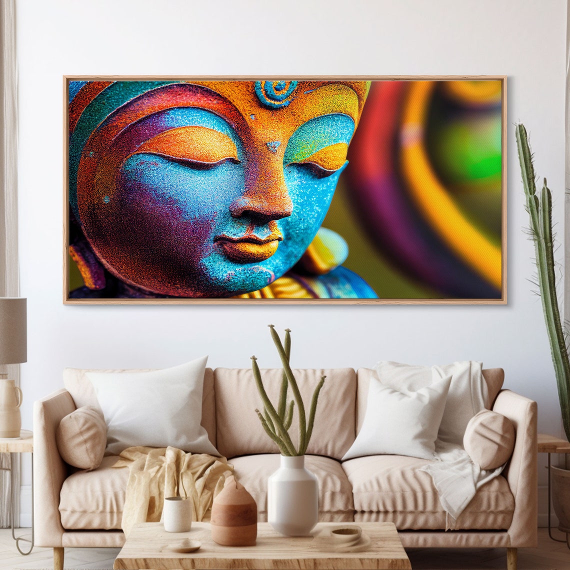 Rainbow Buddha Face Serene Meditation Colorful Zen Statue Poster - Image 3