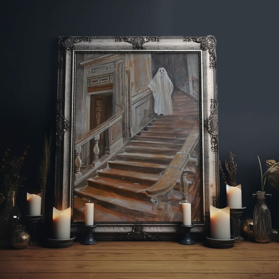Sheet Ghost Grand Staircase Haunted House Vintage Art Poster