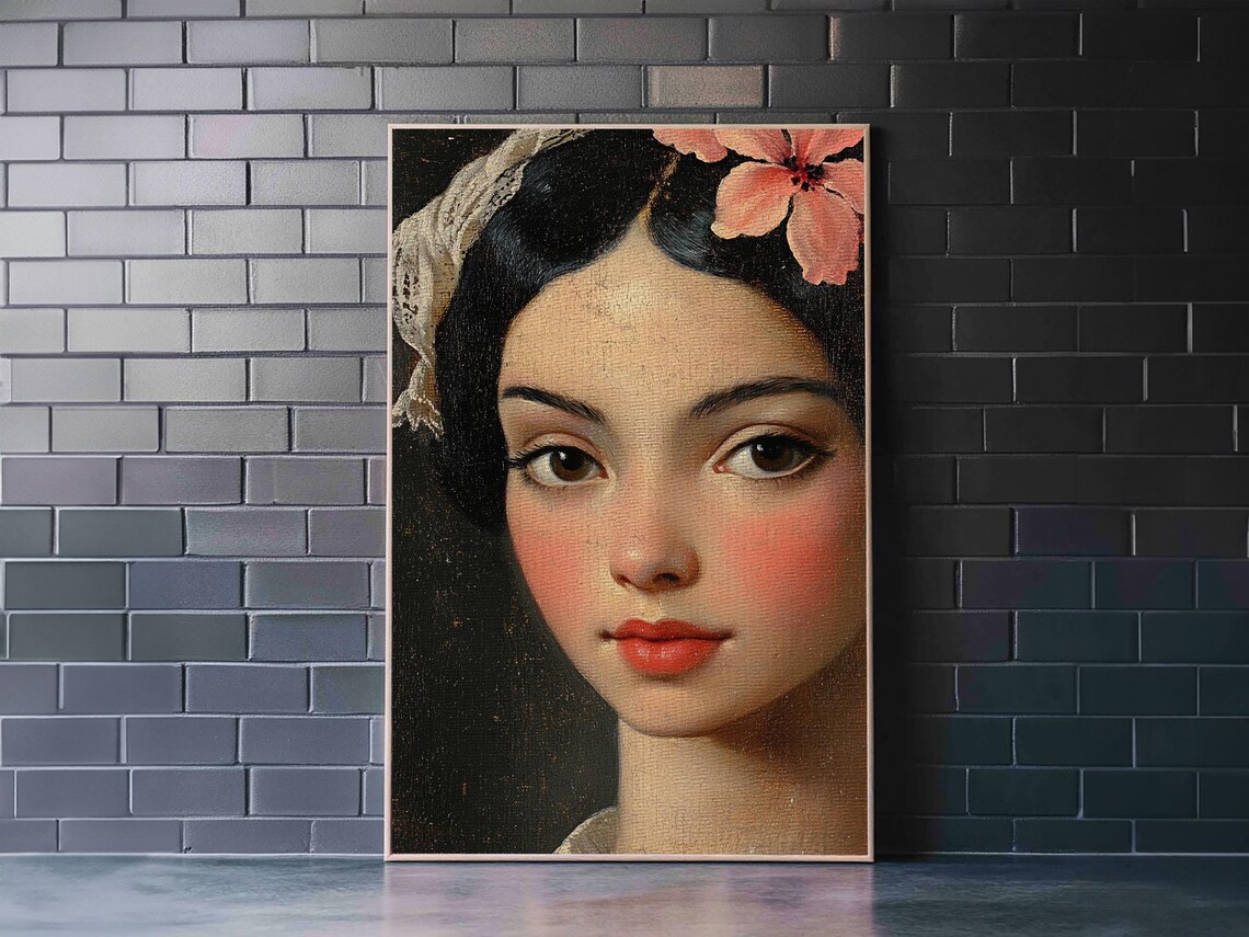 Vintage Mexicana Beauty Portrait Pink Hibiscus Flower Art Print - Image 4