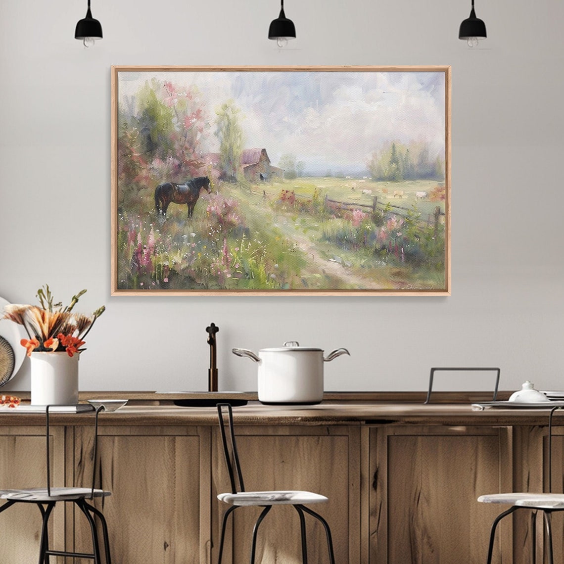 Horse in Wildflower Meadow Watercolor Barn Pasture Countryside Poster - Image 4