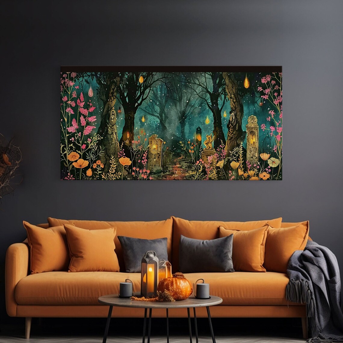 Haunted Forest Cemetery Glowing Lanterns Pink Wildflowers Spooky Wall Art - Image 3