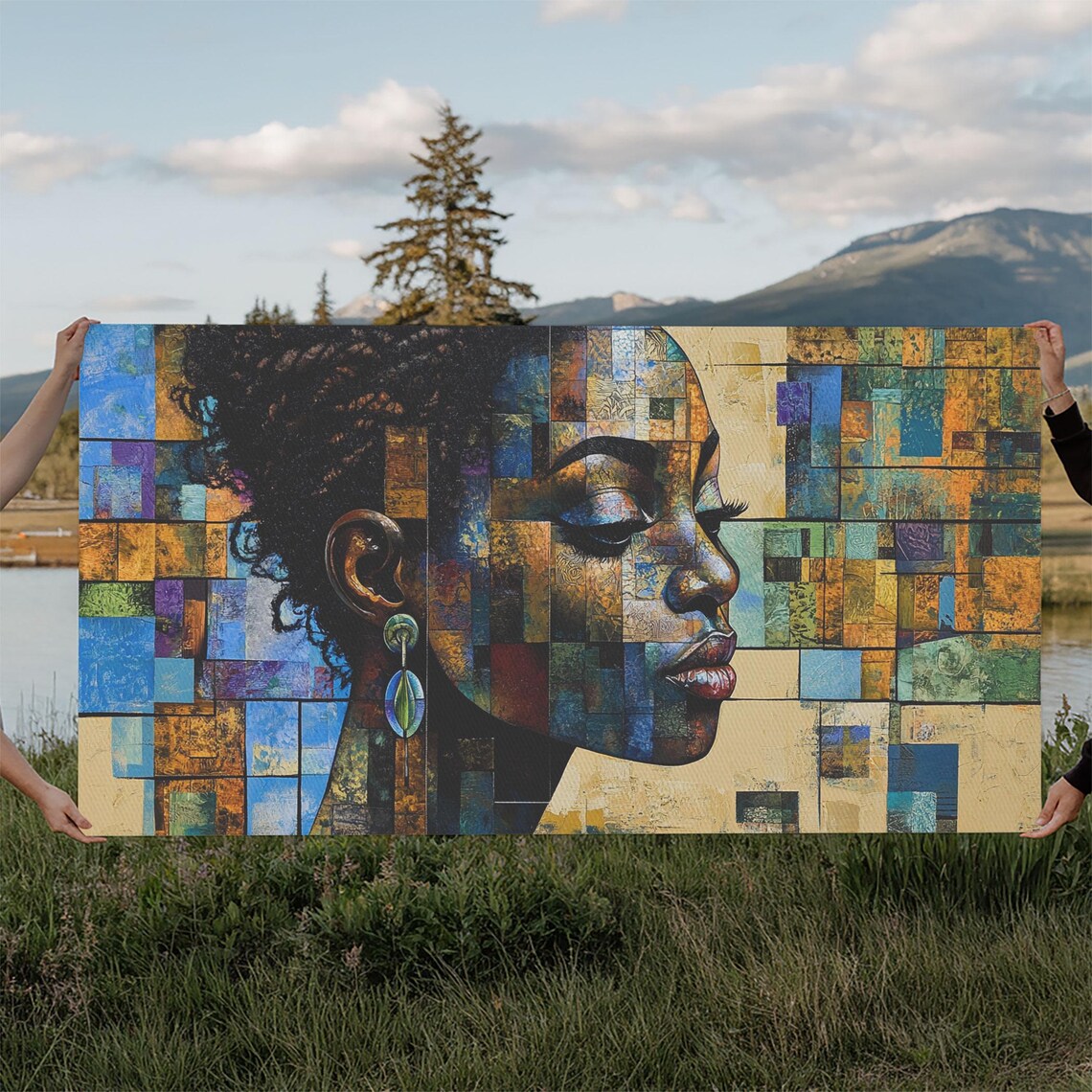 African Woman Mosaic Portrait Geometric Blue Gold Abstract Art Poster - Image 6