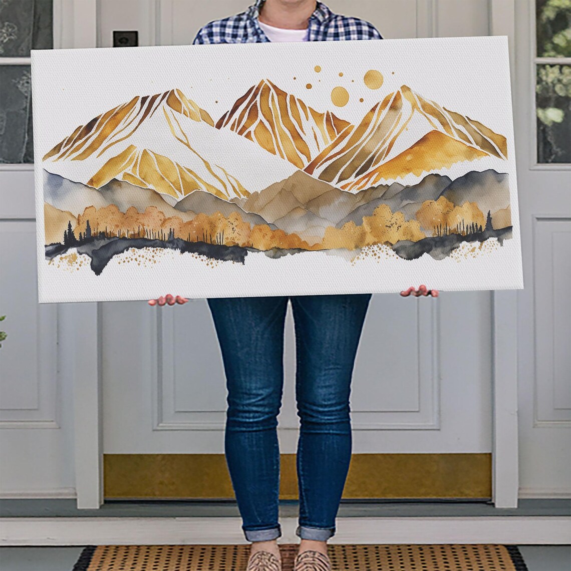 Golden Watercolor Mountain Peaks Minimalist Modern Nature Wall Art - Image 4